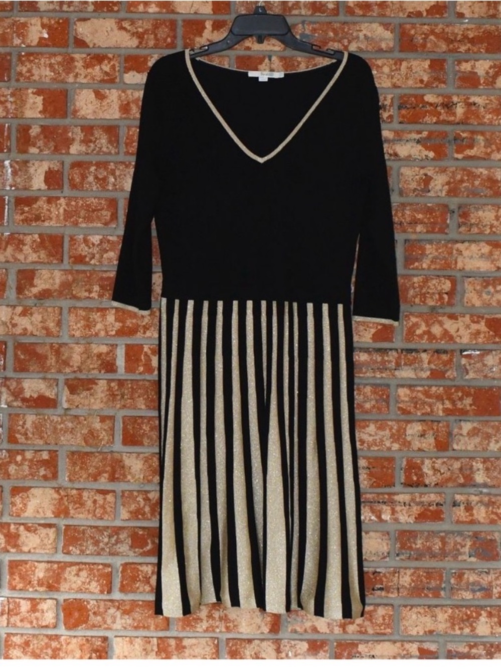 Boden Black and Gold V-Neck Striped Pleated Midi Dress